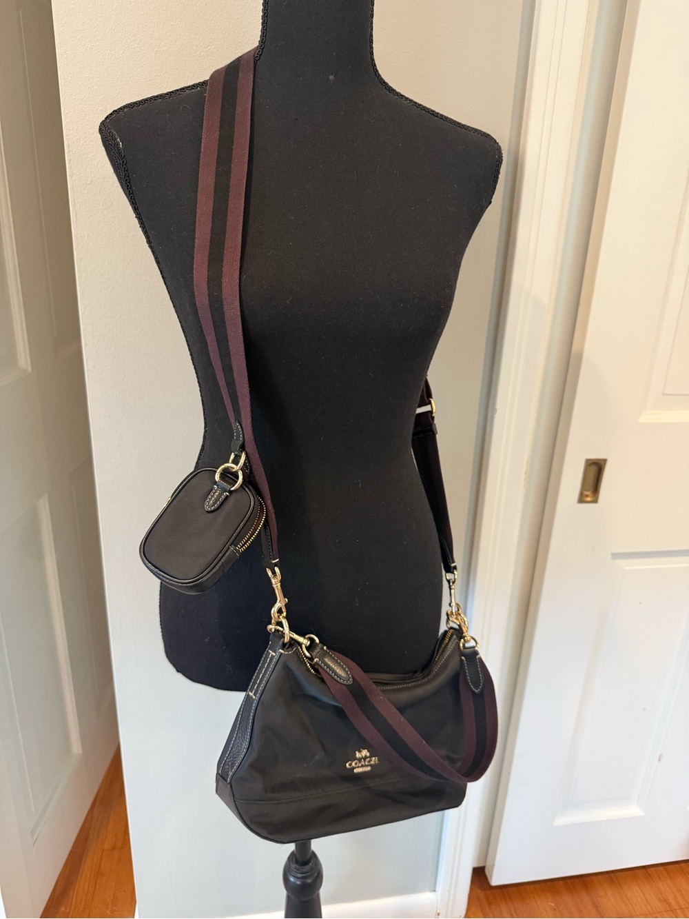 Coach Black Nylon Shoulder Bag with Striped Strap